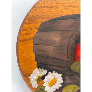Photo of Vintage Hand-Painted Round Wooden Wall Plaque, Red Apples in Wooden Barrel
