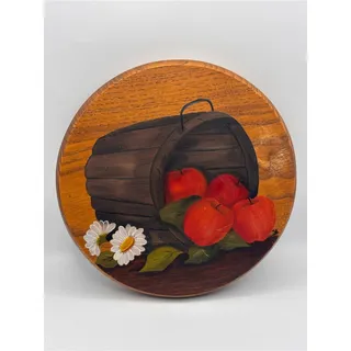Photo of Vintage Hand-Painted Round Wooden Wall Plaque, Red Apples in Wooden Barrel