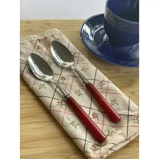 Photo of Vintage Red Bakelite Handle Teaspoons Set of 2 Stainless Steel Flatware
