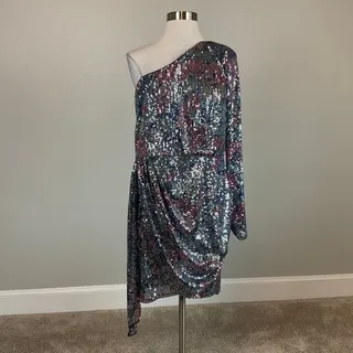 Photo of Aidan Mattox Blue Multi Cocktail Dress Sequin One Shoulder Mini Sheath Size 12