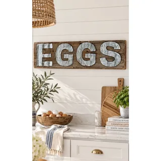 Photo of Vintage Galvanized Metal “EGGS” Rustic Wood Farmhouse Kitchen Wall Sign NWOT