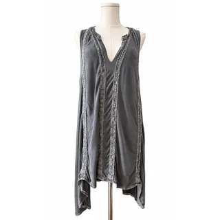 Photo of POL Charcoal Gray High-Low Asymmetrical Lace Trim Boho Tunic Dress Small