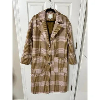 Photo of A New Day Women's S Brown Pink Plaid Pocket 3 Button Collared Trench Coat