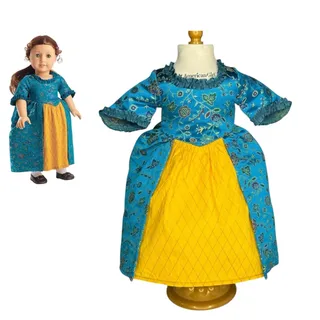 Photo of American Girl Felicity Meet Dress BeForever Blue Gold Brocade Gown Ruched Back