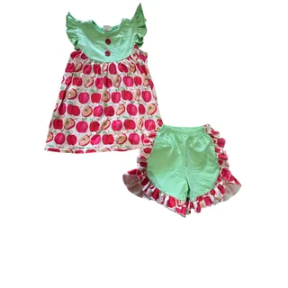Photo of Kelly’s Kids Girls Apple Print Outfit Size XL Toddler Green Ruffle Top Shorts 2-Piece Set
