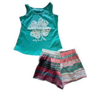 Photo of Lucky Brand Girls Pajama Set Size 7 Two-Piece Tank Top & Shorts Teal Pink


