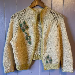 Photo of Vintage Handmade Open Knit Floral Applique Cardigan Fuzzy Butter Cottagecore