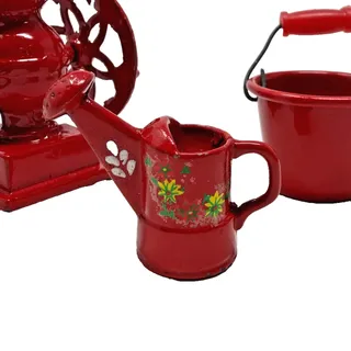 Photo of Lot of 3 Red Metal Dollhouse Miniatures Coffee Grinder Watering Can Bucket