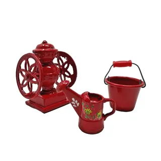Photo of Lot of 3 Red Metal Dollhouse Miniatures Coffee Grinder Watering Can Bucket