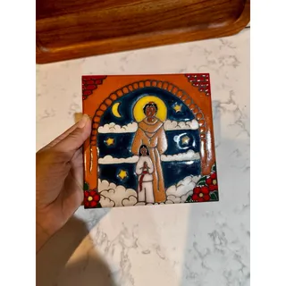 Photo of Hand-painted ceramic art tile of Father Junípero Serra made by Pacific Blue Tile