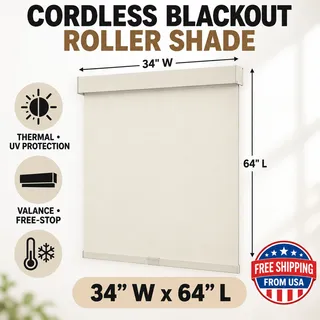 Photo of Cordless Blackout Roller Shades, Thermal UV, Valance, Free-Stop, 34”x64”, Beige