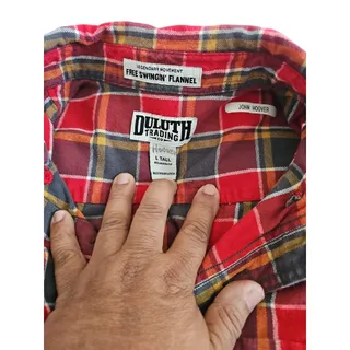 Photo of Duluth Trading Co Men's L Tall Free Swingin Flannel Red Plaid Relaxed Fit Shirt
