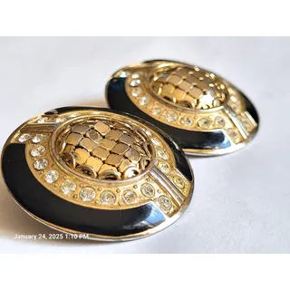 Photo of Vintage Signed Whiting & Davis Medallion Gold Mesh Black Enamel Rhinestones Clip Earrings Art Deco