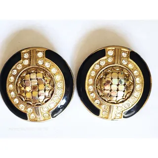 Photo of Vintage Signed Whiting & Davis Medallion Gold Mesh Black Enamel Rhinestones Clip Earrings Art Deco