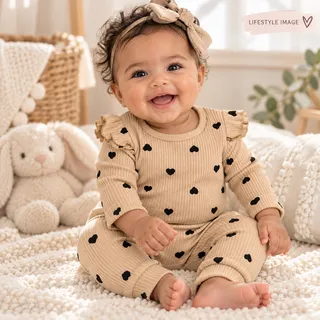 Photo of Full Famous Baby Girl Neutral Ribbed Heart Ruffle 2-Piece Set 0-3M