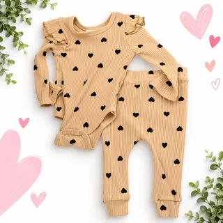 Photo of Full Famous Baby Girl Neutral Ribbed Heart Ruffle 2-Piece Set 0-3M