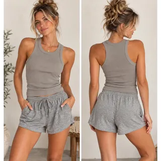 Photo of Nikibiki Ribbed Tank Gray Lounge Shorts 2 Piece Set Stretch Casual Y2K
