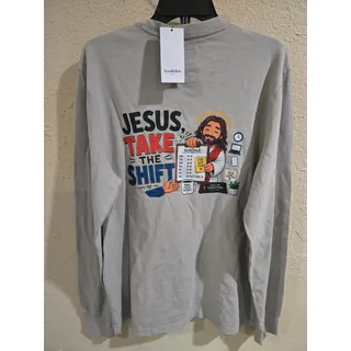 Photo of Jesus Take The Shift, Praying Give Me A Minute, Long Sleeve Shirt, Beige, Large