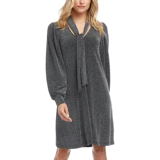 Photo of KAREN KANE Black Silver Nylon Embellished Long Sleeve Tie Neck Short Cocktail Dress S
