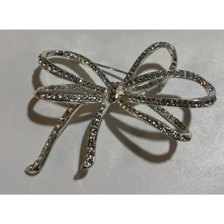 Photo of Signed Anne Klein Pave Rhinestone Bow Ribbon Pin Brooch 2-1/2”