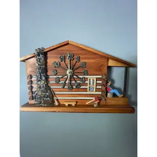 Photo of Vintage 1992 Bob Bolduc Handmade Log Cabin Wall Clock Folk Art Wood 16" Rustic