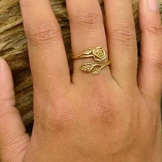 Photo of Rose Adjustable Ring | Textured Blossom & Leaves | Bronze | Artisan