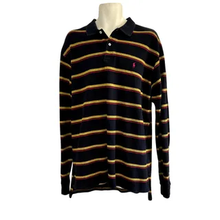 Photo of VTG 90s Polo Ralph Lauren XL Navy Blue Striped Long Sleeve Polo Shirt Preppy