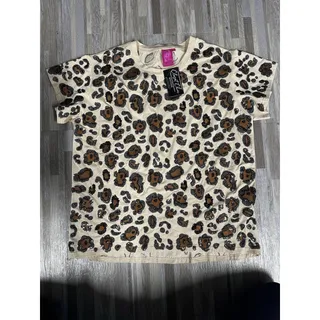 Photo of Queen of Sparkles Sequin Leopard Shirt L Beige Animal Print Tee Short Sleeve