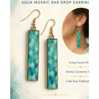 Photo of Tell Your Tale Aqua Mosaic Long Linear Bar Drop Earrings - Gold-Tone Fishhook