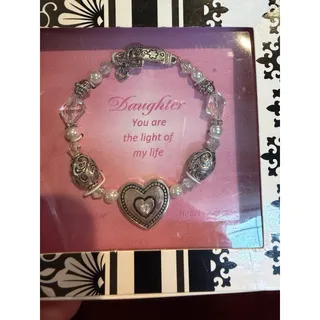 Photo of Beaded Charm Bracelet Pink & Imitation Pearl Beads Silver Heart Rhinestone