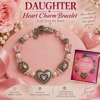 Photo of Beaded Charm Bracelet Pink & Imitation Pearl Beads Silver Heart Rhinestone