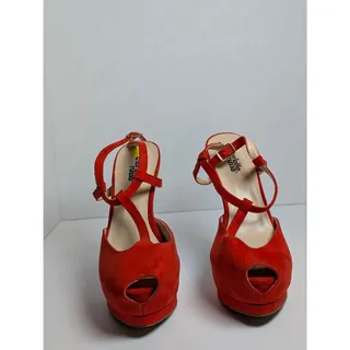 Photo of Charlotte Russe Women Size 8 Red Faux Suede Platform Peep Toe Stiletto Heels