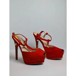 Photo of Charlotte Russe Women Size 8 Red Faux Suede Platform Peep Toe Stiletto Heels
