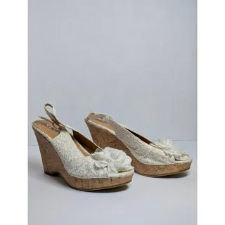 Photo of CL by Laundry ICON-001 Women 7.5 Cream Floral Lace Cork Platform Wedge Sandals