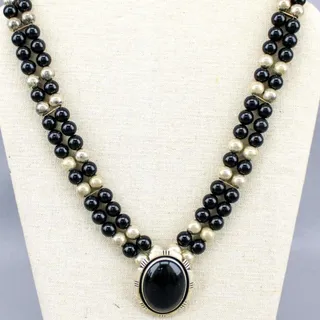 Photo of VTG 1995 Sterling Silver Black Onyx Multi Strand Bead Necklace Pendant 20" FS