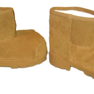 Photo of Women's Tan Faux Suede Ankle Boots Size 10 White Sherpa Lined Chunky Lug Sole