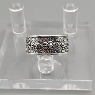 Photo of S925 Sterling Silver Tibetan Buddhist Vajra Mantra Band Ring Adjustable Oxidized Unisex 10mm