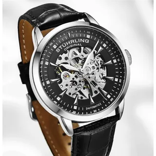 Photo of Stuhrling Original Men's Automatic Skeleton Dial SS Black Leather Strap 50m