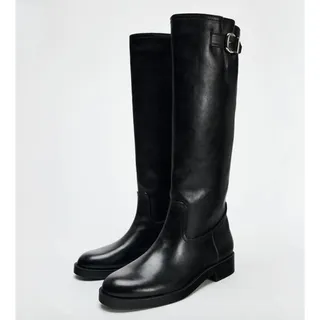 Photo of Zara Women’s Knee-High Riding Boots Black Faux Leather Bow Round Toe 9.5
