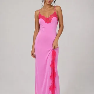 Photo of SKIMS Lace Shine Long Lace Dress Neon Orchid Limited Edition size medium 