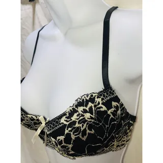 Photo of Rene Rofa Bra Underwire Padded 34B Black Beige Floral Lace Pushup Sexy Used