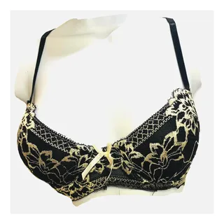 Photo of Rene Rofa Bra Underwire Padded 34B Black Beige Floral Lace Pushup Sexy Used
