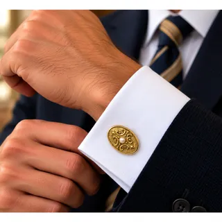 Photo of Vintage Gold Tone Faux Pearl Cufflinks | Victorian Art Nouveau Scroll Cuff Links