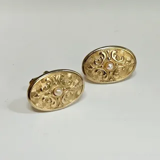 Photo of Vintage Gold Tone Faux Pearl Cufflinks | Victorian Art Nouveau Scroll Cuff Links