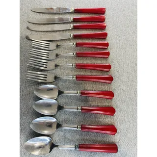 Photo of Vintage Red Bakelite Flatware Set 12 Pc Stainless Steel MCM Knives Forks Spoons