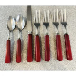 Photo of Vintage Cherry Red Bakelite Flatware 7 Pc Forks Spoons Universal Stainless Knife
