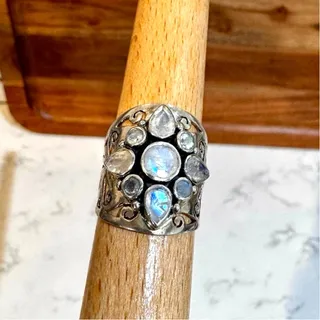 Photo of Sterling Silver 925 India signed YS rainbow moonstone blue flash ring size 9 