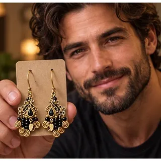 Photo of Black Beaded Filigree Dangle Earrings with Spiral Charms