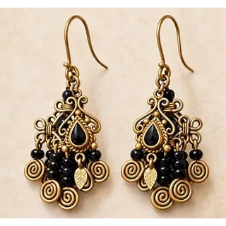 Photo of Black Beaded Filigree Dangle Earrings with Spiral Charms