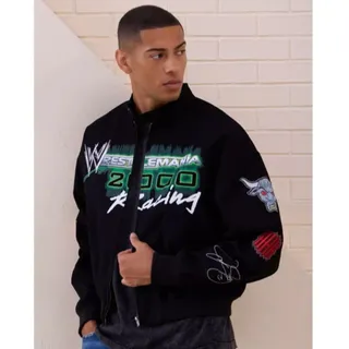 Photo of WWE WrestleMania 2000 Racing Moto Black Jacket Mens Large NWT Exclusive Cropped